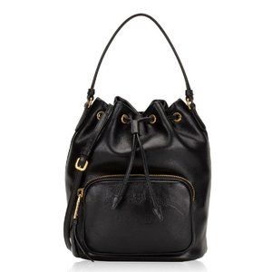 Prada Black Glace Calf Leather Logo Small Bucket Crossbody Bag 1BH038